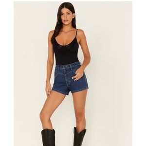 WRANGLER RETRO WOMEN'S DARK WASH HIGH RISE BAREBACK DENIM SHORTS